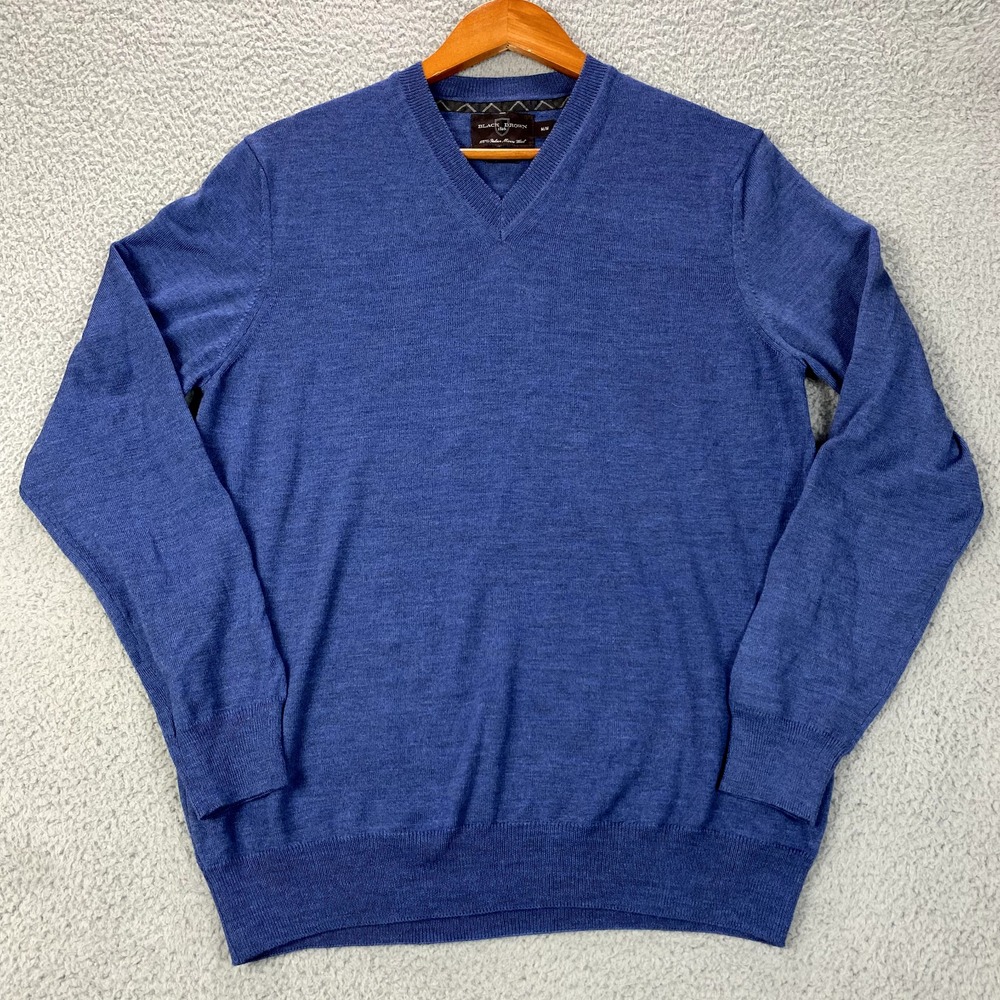 Black Brown 1826 Mens Medium Blue Italy Merino Wool V-Neck Preppy Sweater
